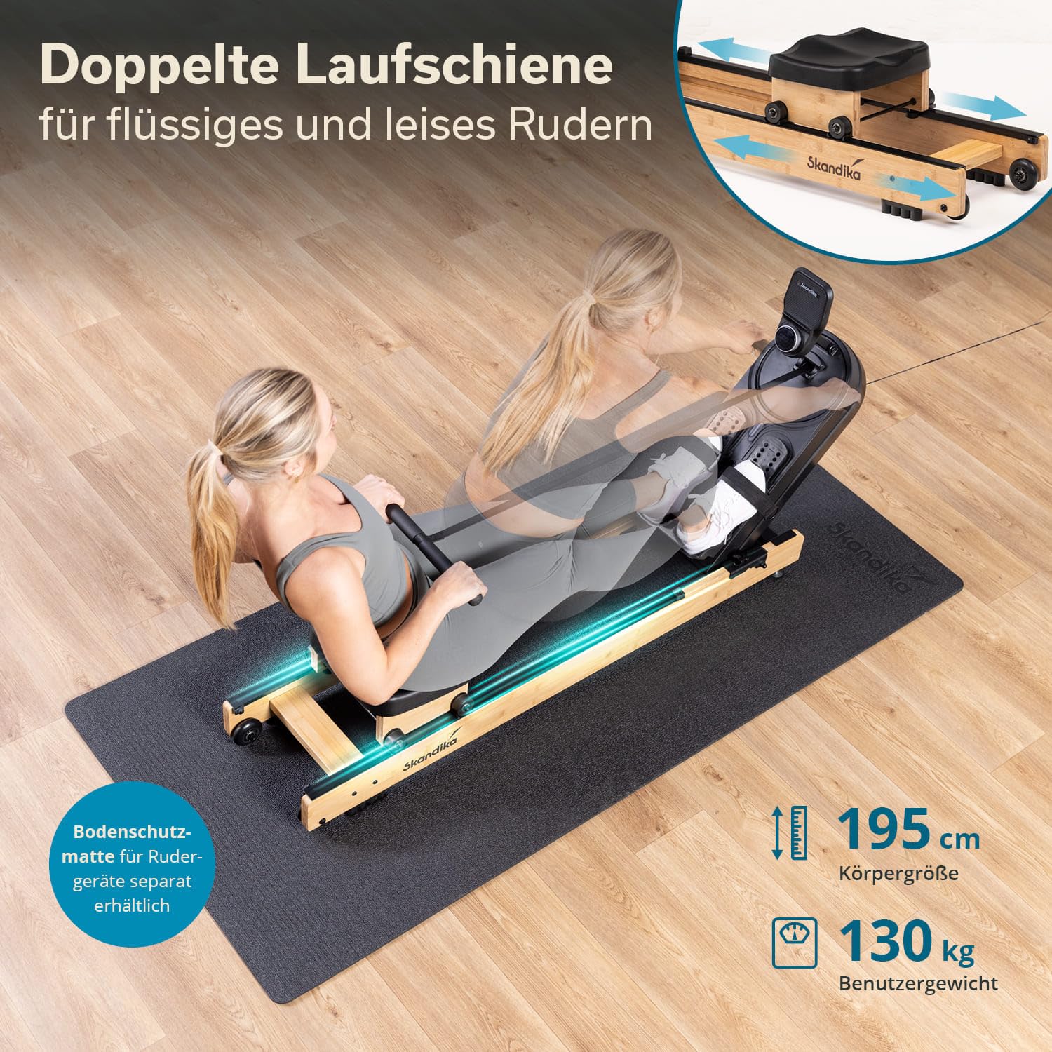 Skandika Vogatore in legno per uso domestico Rovek - Resistenza magnetica con 32 livelli | Sistema con massa volanica da 6 kg - Compatibile con l'app Kinomap - Fino a 195 cm