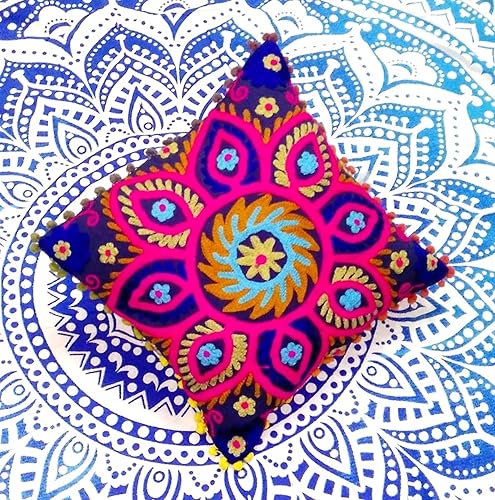 Miniatura 4 de INDACORIFY Suzani - Funda de cojín bordada de 16 x 16 pulgadas, funda de almohada decorativa, cojines indios con pompones para exteriores, fundas de
