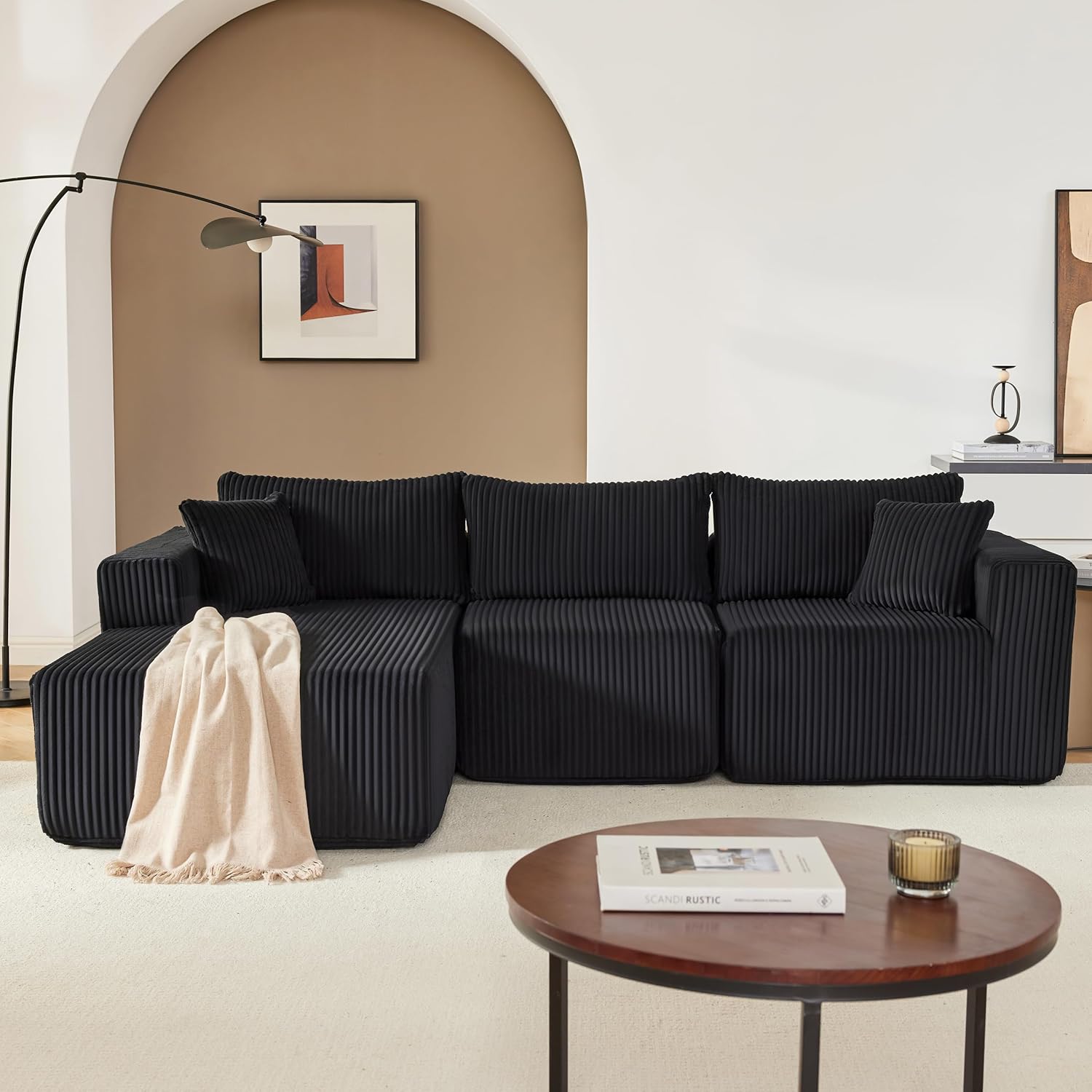 97" Boneless Couches for Living Room, Cloud Couch Sectional with Deep Seat, Comfy Couch with L-Shaped Chaise, Minimalist Upholstered Modular Sectional Sofa, No Assembly Required (Corduroy,Black) Black 97 Inch (Left Facing Chaise)