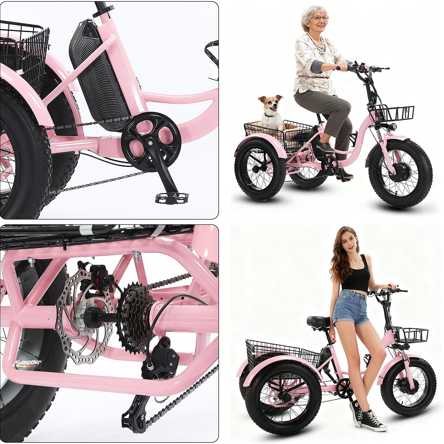 Triciclo Elettrico Adulti 20"x4.0" Fat Tire – 500W Motore, Batteria Rimovibile 48V 13Ah, Sospensioni, Luce LED, Grande Cestino Posteriore, Ideale per Tutti i Terreni, 30-40 km Pink