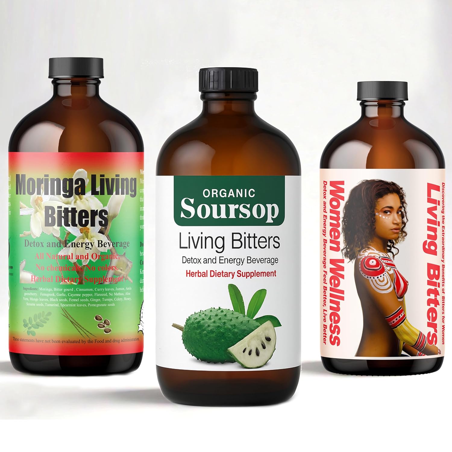 HERBOGANIC Premium Soursop, Moringa & Women wellnes Living Bitter Pack of 3, 16oz Each - Natural Blend of different ingredients to Support overall health and wellness.
