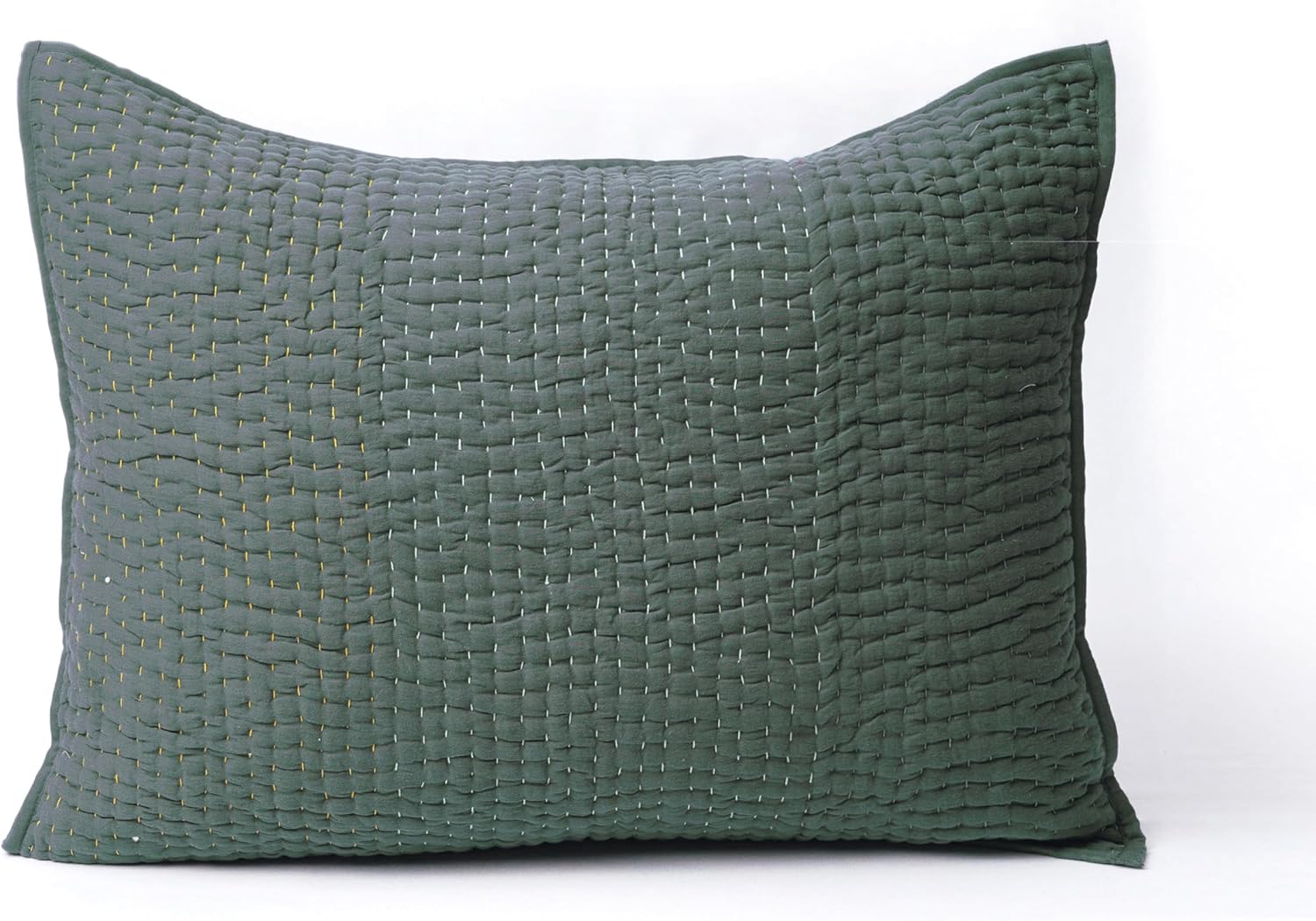 Kantha Pillow Covers, Hand Quilted 4 Layer Muslin Gauze with Cotton Wadding, Sizes & Colors Available, (Olive Green, 20 X 26 Inches)