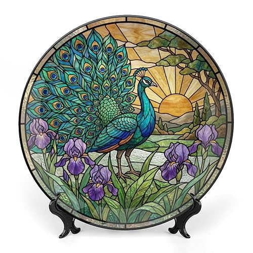 Christmas Stained Glass Vintage Plates for Display Peacock Bird Garden