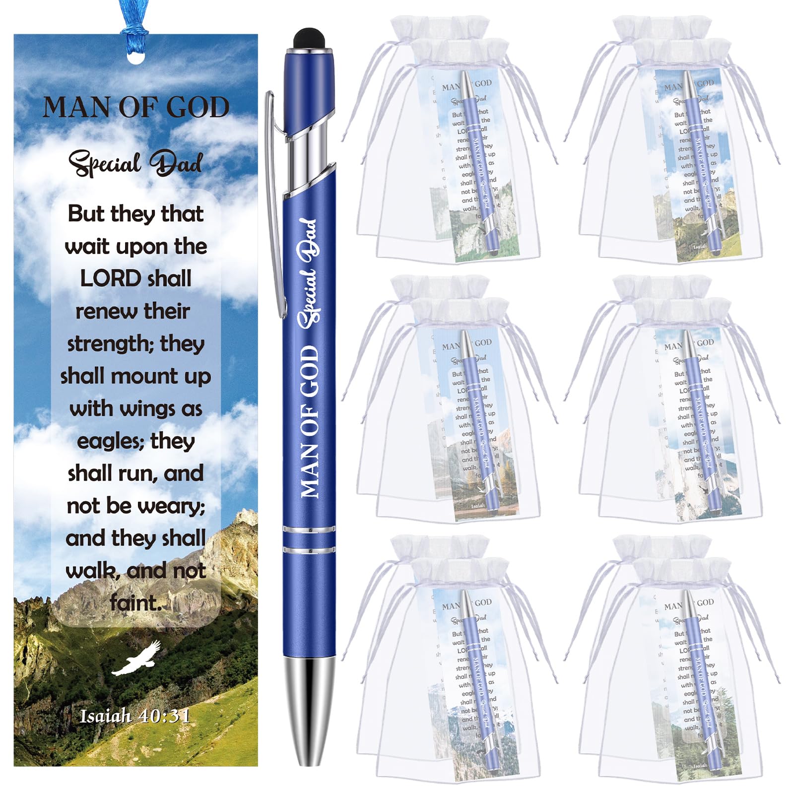 Dispowreath 24 Pcs/12 Sets Father's Day Christian Gift Man of God Bookmark Church Gift, Include 12 Isaish 40: 31 Bookmark 12 Bible Verse Ballpoint Pen