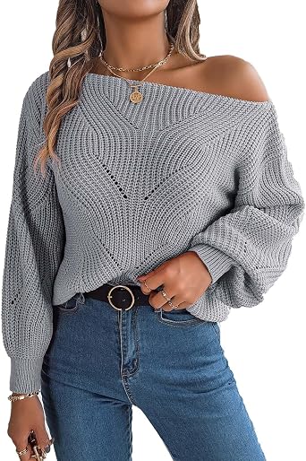 Nuofengkudu Womens Off Shoulder Long Sleeve Solid Color Pullover Casual Sweater Winter Sweatshirt Gray L