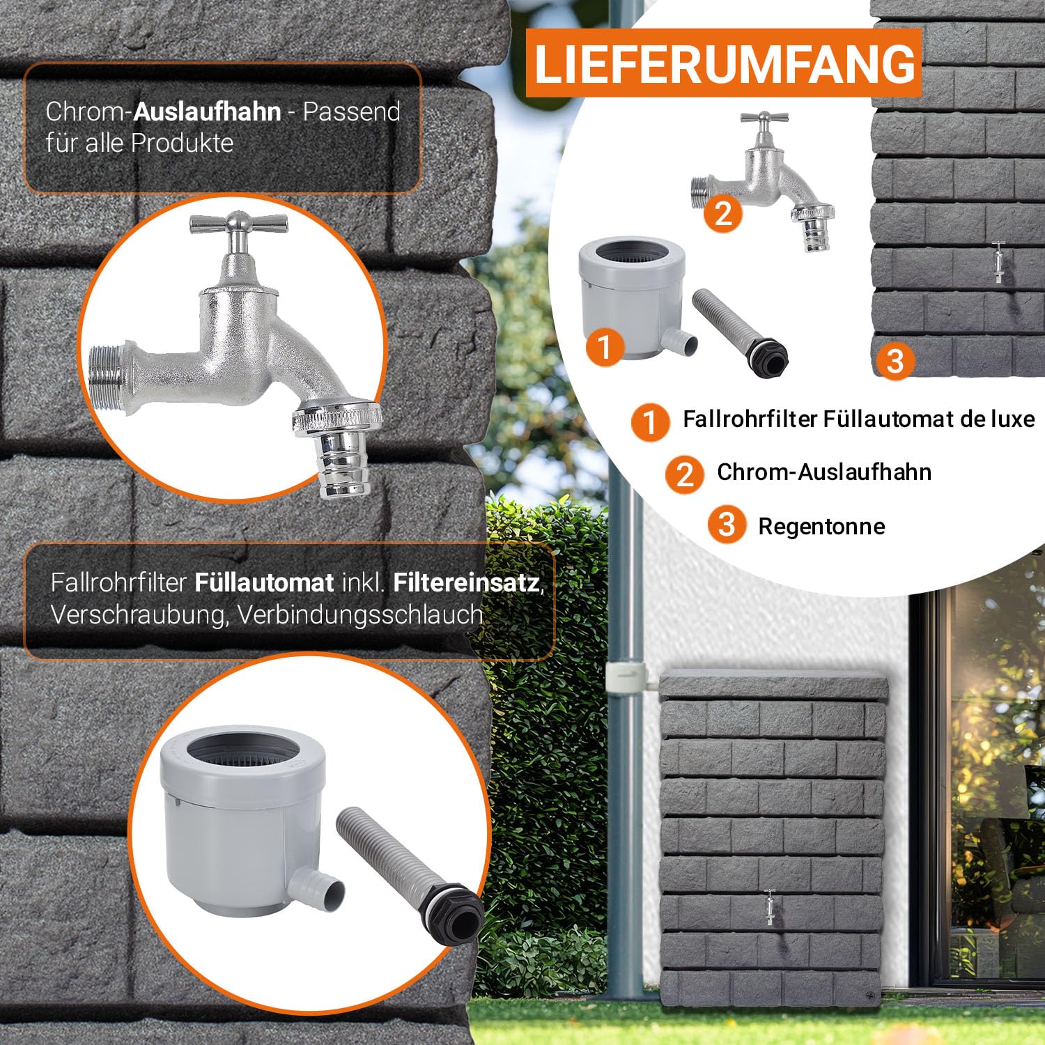 GARANTIA Rocky Junior Regentonne Wandtank Komplett-Set 300 Liter | Dark Granite inkl Chrom-Auslaufhahn und Fallrohranschluss Steinoptik für den Garten dekorativ an der Hauswand für Regenwasser