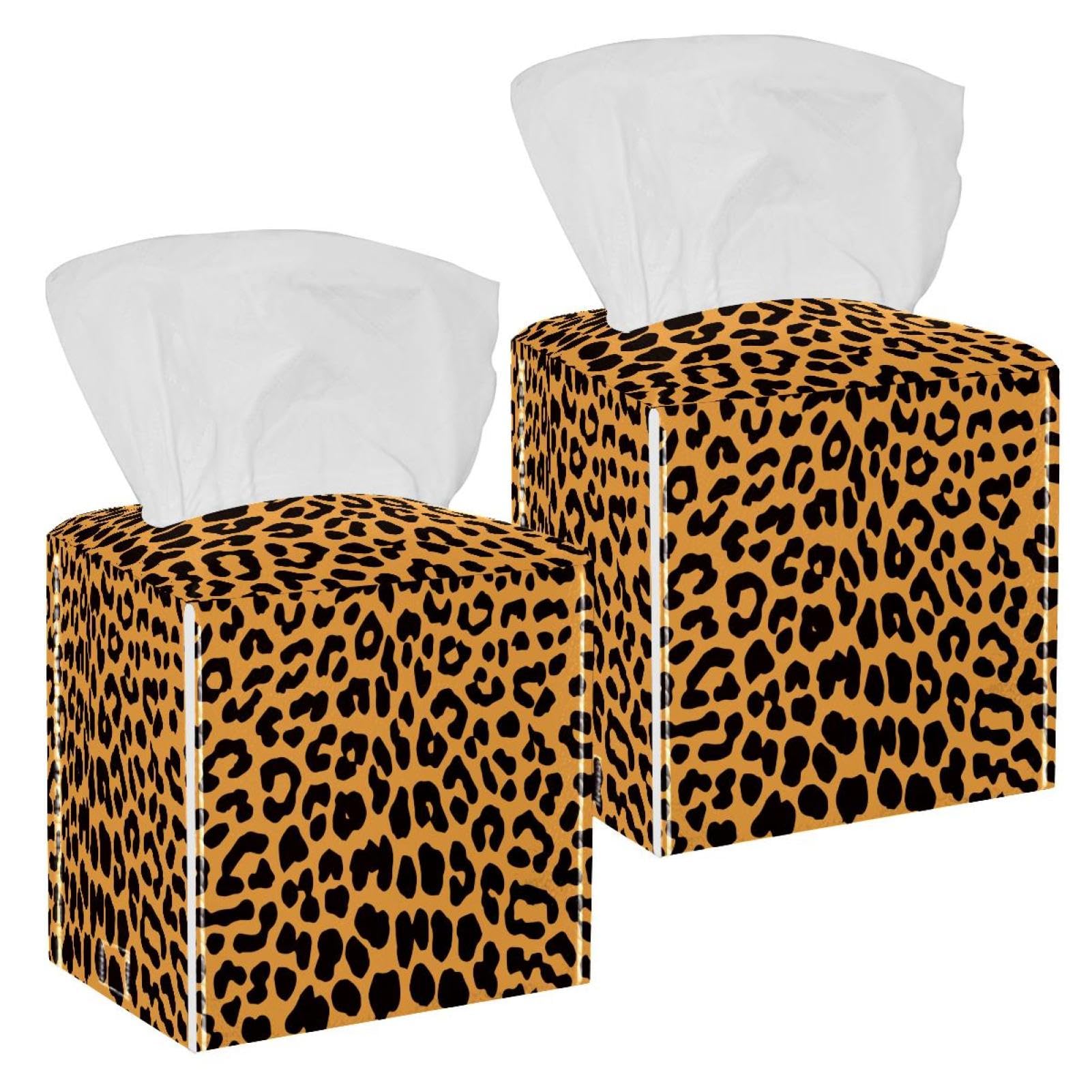 2 Pack Leopard Tissue Box Cover Holder Square Tissue Foldable Cube Cover PU Leather Tissue Organizer with Bottom Belt for Bathroom, Tabletop, Car, Night Stands, Office