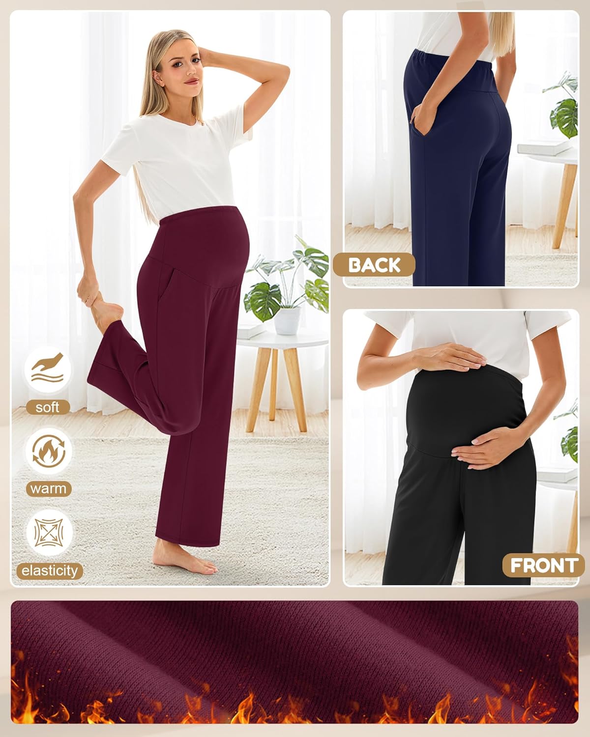 3 Pack Women's Fleece Maternity Pants, Cotton Over The Belly Pregnancy Thermal Wide Leg Lounge Pants with Pockets(Fuchsia, Navy Blue, Black,Large) - Image 4