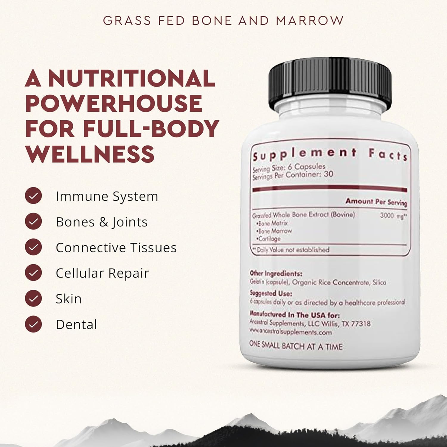 Ancestral Supplements Grass Fed Beef Bone and Marrow Supplement, 3000mg, Skin, Oral Health, and Joint Support Supplement, Promotes Whole-Body Wellness, Non GMO Whole Bone Extract, 180 Capsules - Image 2