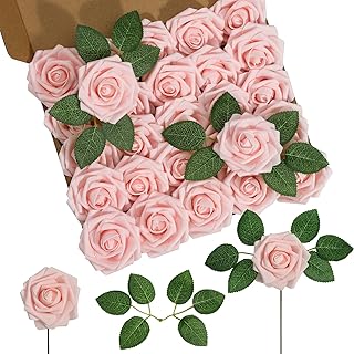 DuHouse 25Pcs Artificial Roses Flowers Fake Roses with Stems Real Touch Foam Flowers for DIY Wedding Bouquet Baby Shower Centerpiece Floral Arrangement Party Home Decor(Blush)