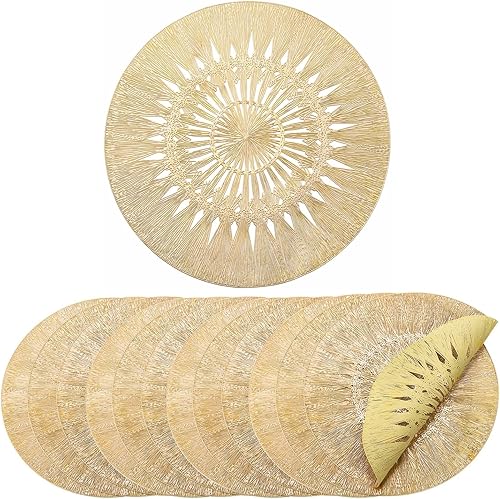 Cididu Juego de 12 manteles individuales redondos dorados, manteles de vinilo prensado con huecos, manteles para mesa de comedor de 15 pulgadas,