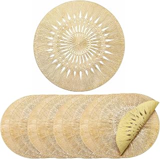 Set of 12 Gold Round Placemats, Hollow Out Pressed Vinyl Tablemats, Dinning Table Mats 15 Inches, Washable Non-Slip Place Mats for Table Setting Decor Wedding Festival Party Centerpiece