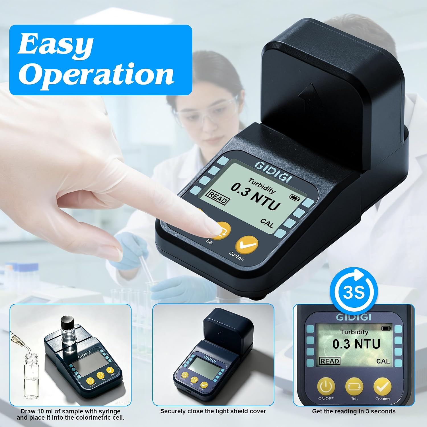 Portable Lab Turbidity Meter 0-1000NTU with Standard Solution Kits | Handheld Turbidimeter, ISO 7027 Compliant Water Quality Meter for Drinking Water Test, Environment Monitor, Food & Beverage