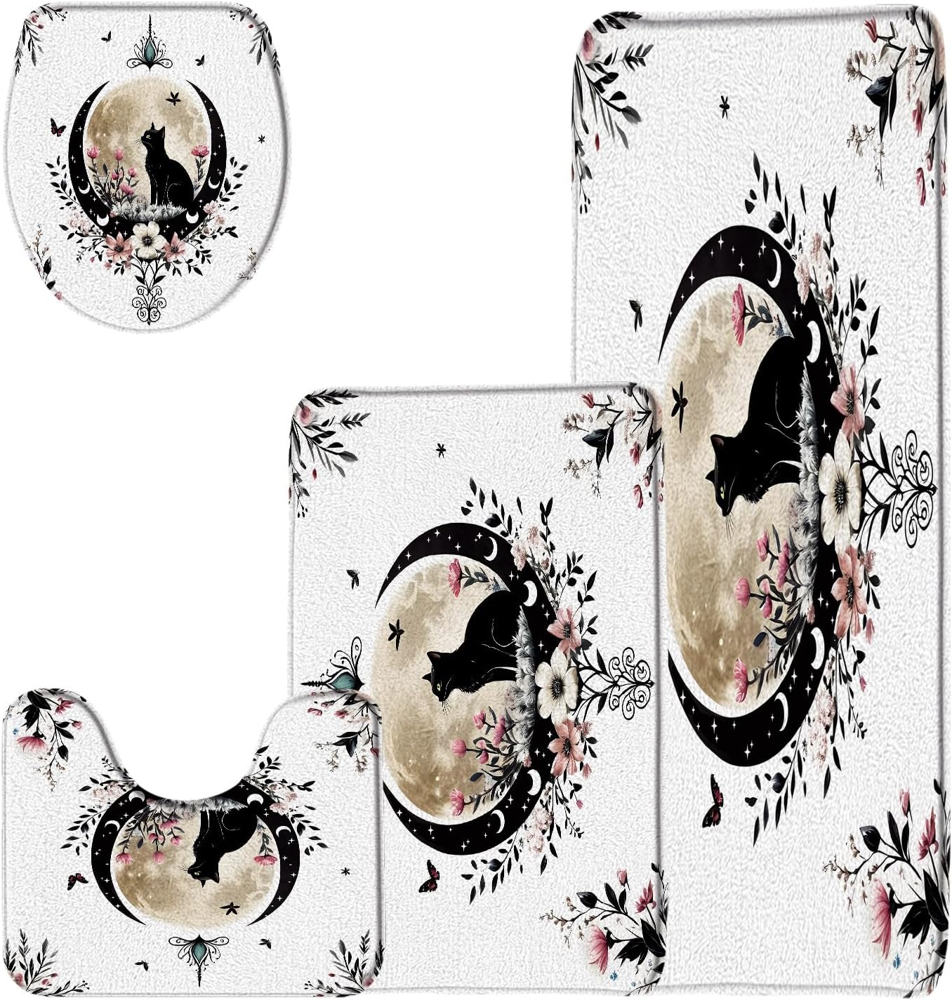 Boho Cat Bath Mat Cute Gothic Moon Phase Floral Witchy Mystic Wildflower Aesthetic Bath Rug Sets,19.7"x31.5"+16"x24"Bath Mat,Toilet Seat Cover, U-Shaped Toilet
