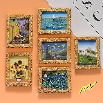 Inspired Fridge Magnet Set, Unique Art Magnets, Decorative Magnets for Fridge Refrigerator, 3D Cool Aesthetic Resin Vincent Artwork Small Oil Painting Fridge Magnet (6 Pcs)