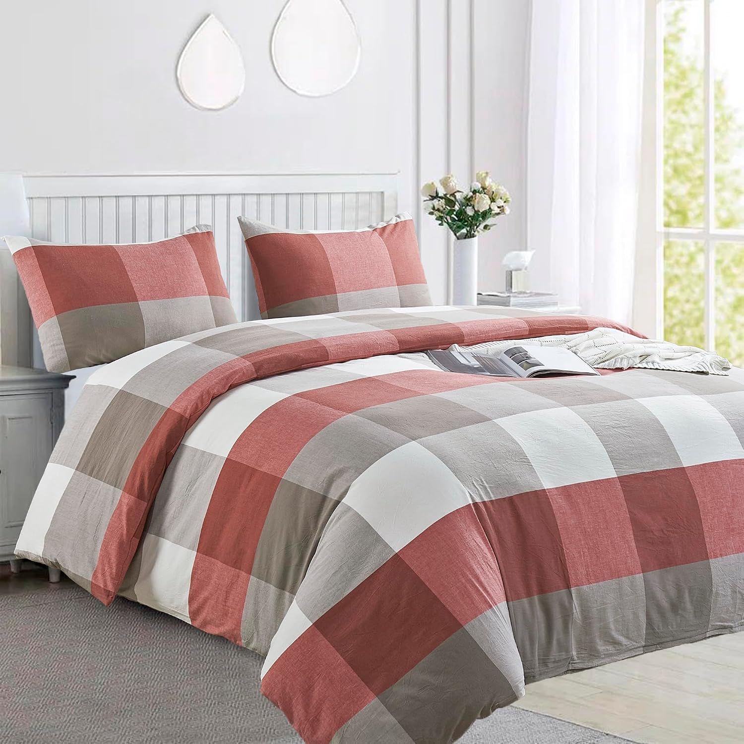 HESTIN Duvet Cover Set 3 Piece 100% Washed Cotton, Plaid Buffalo Check Checkered Textured Breathable Durable Soft Comfy Bedding Set, King, Red