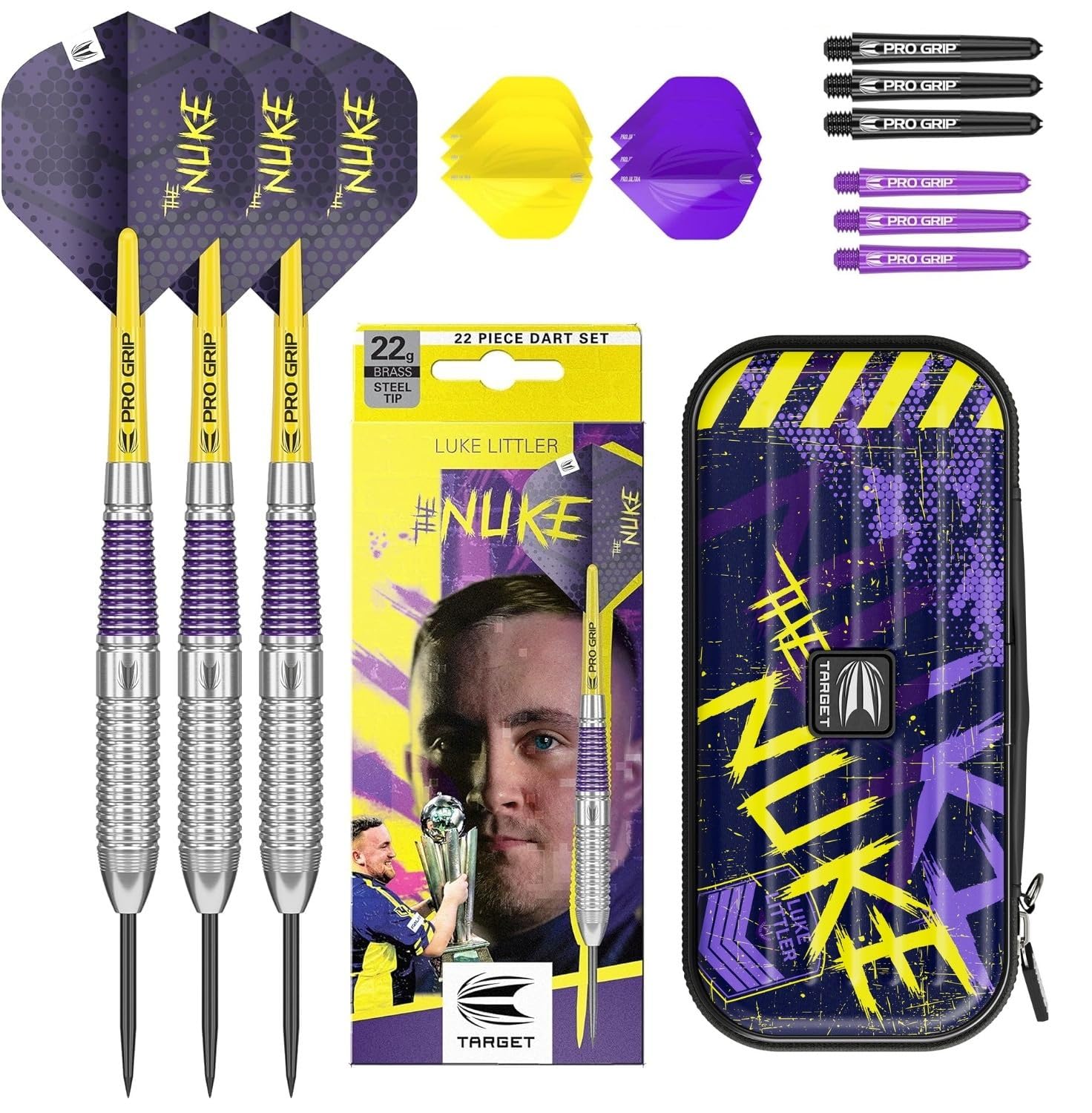 Target Darts Luke Littler Brass 22G Steel Tip Dart Set & “The Nuke” Takoma Darts Case Wallet Holds 1 Fully Assembled Set of Darts & Accessories | Holder with Zip Lock Pouches, Store Flights