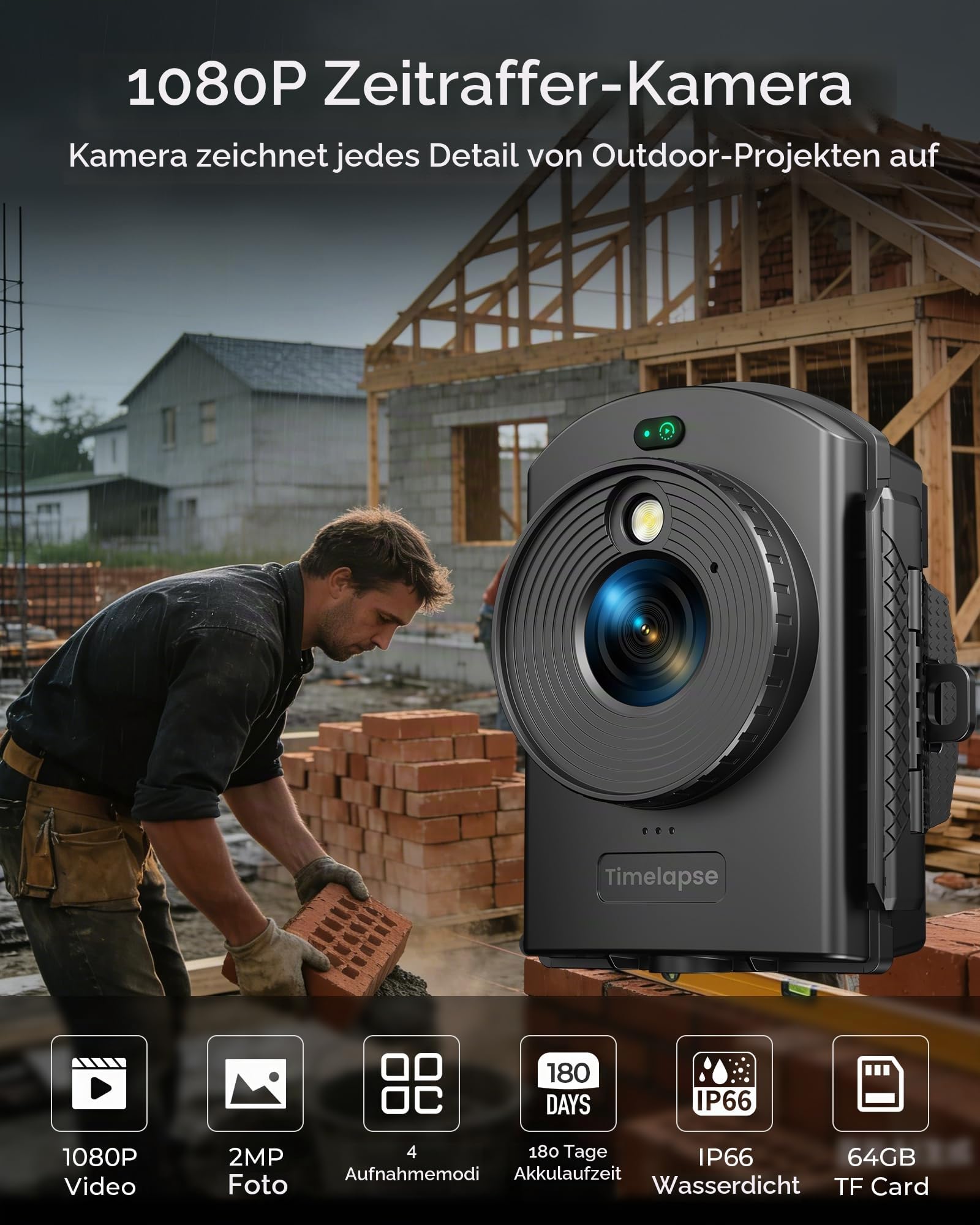 Zeitraffer Kamera für Außenbauprojekte, 180 Tage Aufnahmezeit, Timelapse Kamera mit IR-Positionierung, Aufnahme von 1080P AVI-Videos und Fotos für Pflanzenwachstum, Baustelle(64 GB TF-Karte)