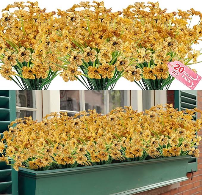 ZEOSTARO 20 Bundles Artificial Outdoor Flowers UV Resistant
