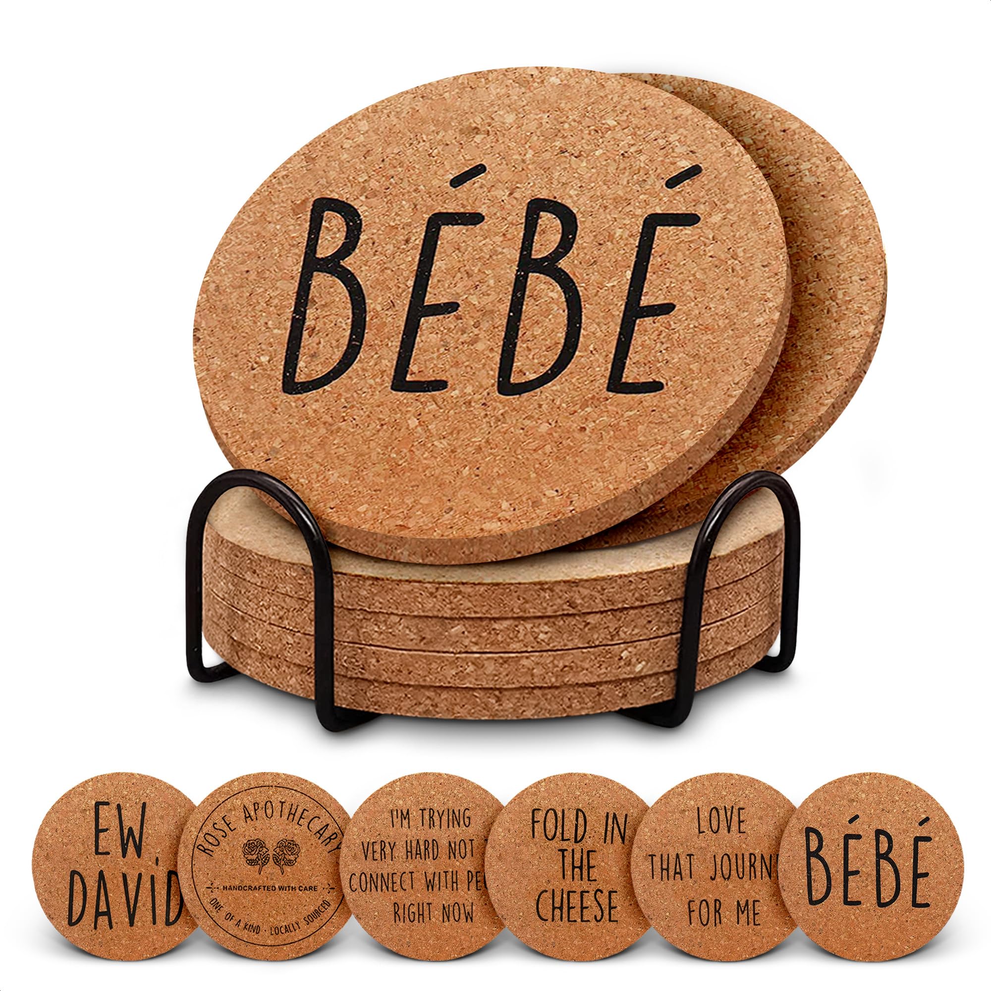 6 Pcs Funny Coasters for Adults with Holder –  4″ Cork Coasters for Drinks, Absorbent, Non-Slip & Reusable – Protect Furniture from Scratches & Spills