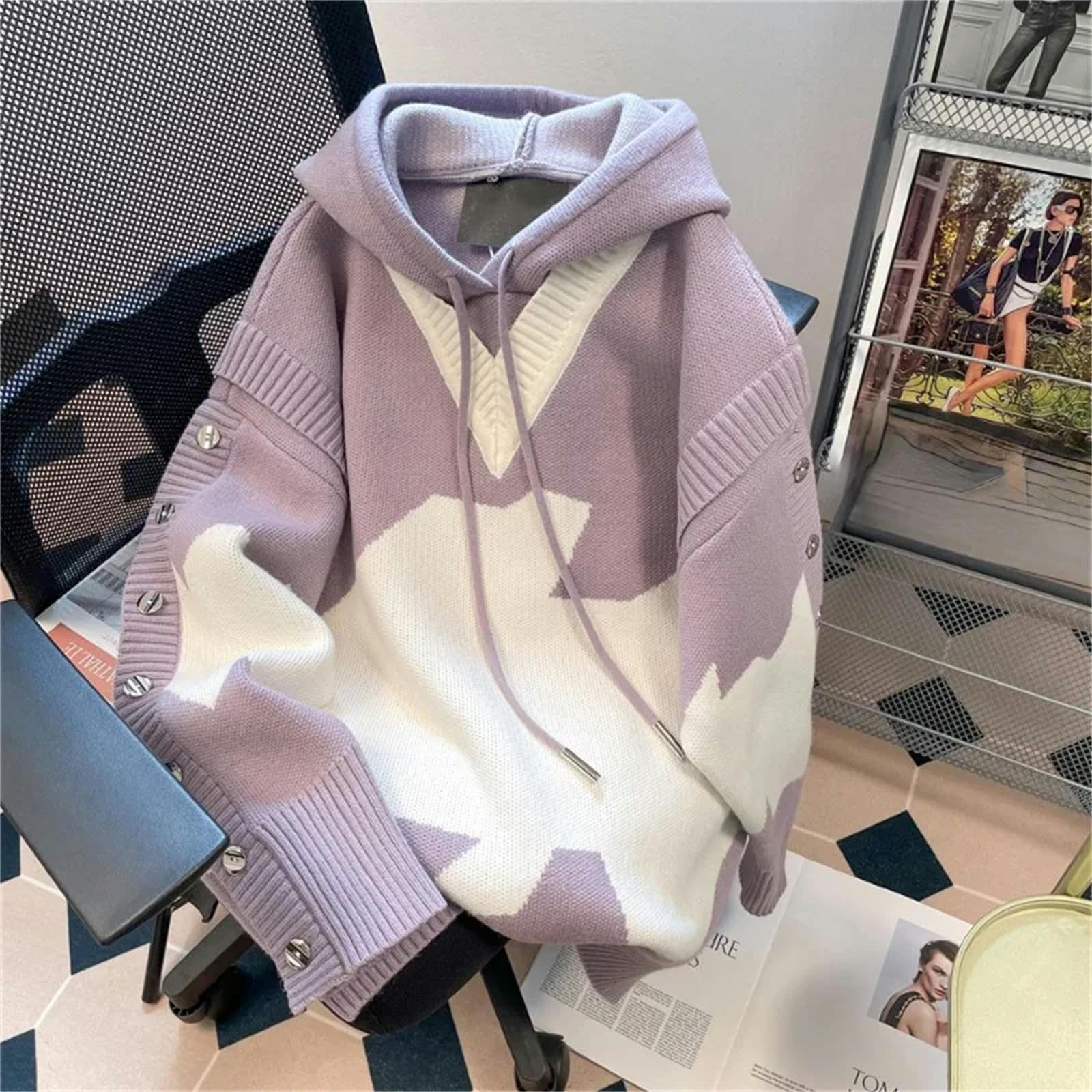 Felpe Donna Donne Spring Autunno Sottile con Cappuccio A Maniche Lunghe con Cappuccio A Maniche Lunghe Finti A Due Pezzi Colore A Contrasto con La Felpa A Maglia