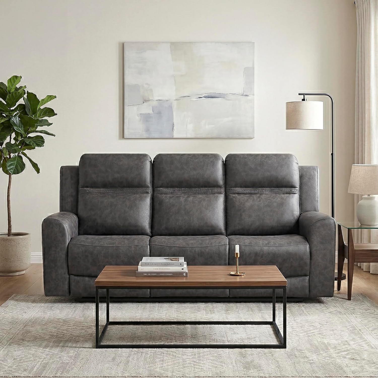 Lexicon 85" W Manual Double Reclining Sofa - Polished Microfiber Wall Hugger Manual 3 Seater Recliner Couch, Comfort Armrests, for Living Room, Home Theater, Easy Assembly, Charcoal