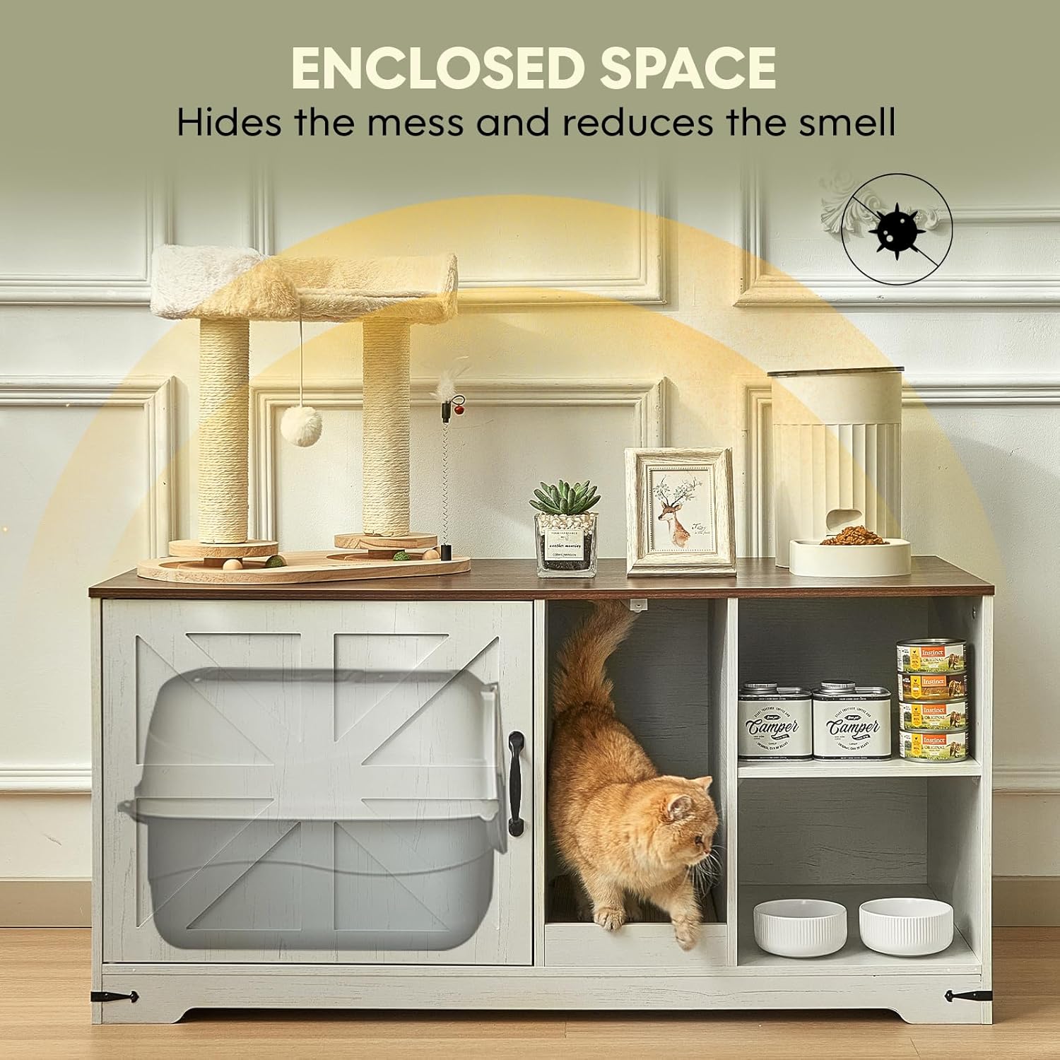 Cat Litter Box Enclosure, 43" Farmhouse Litter Box Furniture with Storage, Lights, Cardboard, Indoor TV Stand Wood Cat House Washroom End Side Table, White