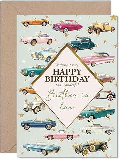 Brother in Law Birthday Card - Classic Cars - Happy Birthday Card for Brother in Law from Sister Sibling, 5x7 Inch Vintage Motors Bday Greeting Cards
