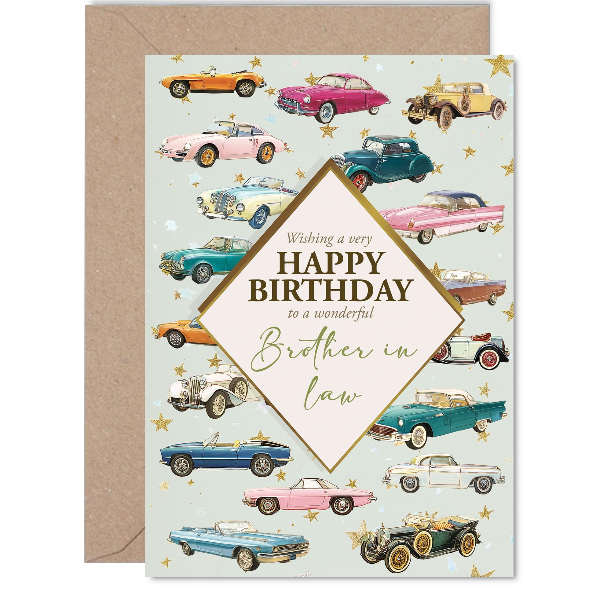 Brother in Law Birthday Card - Classic Cars - Happy Birthday Card for Brother in Law from Sister Sibling, 5x7 Inch Vintage Motors Bday Greeting Cards