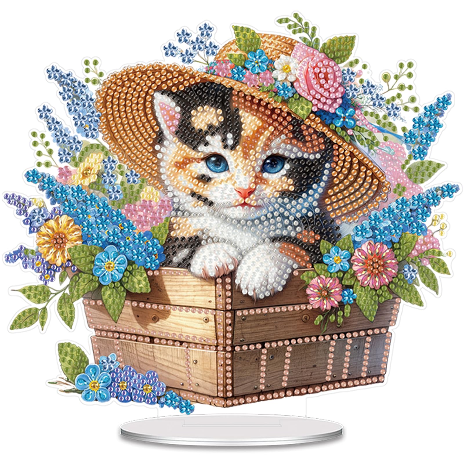 5D Diamond Art Kits for Adults, DIY Tabletop Ornament with Special Shaped Rhinestone, Diamond Dot Desktop Decor, Stand Up Gem Painting Fun Craft Gift for Beginners(Flower Cat)