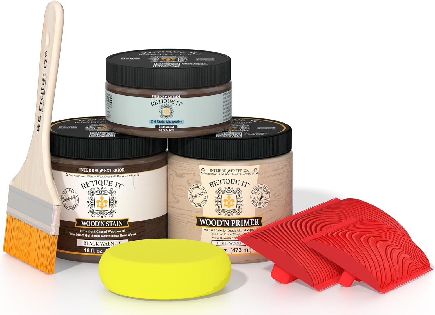 Retique It Wood Finish Kit  GO Beyond Faux Wood with Paintable Liquid Wood Based Primer and Gel Stain - Graining Tools Included (2X 16oz, Black Walnut)