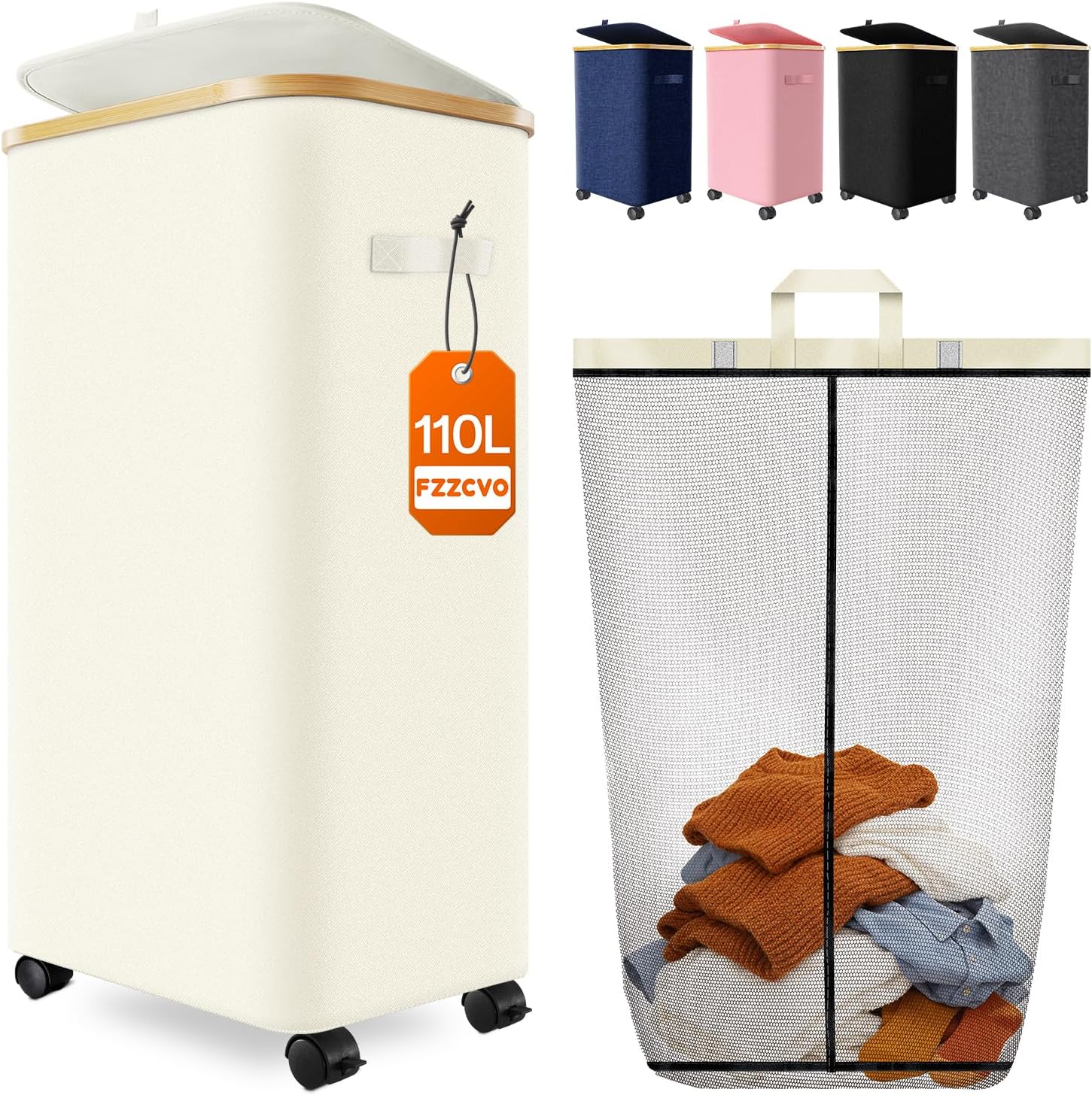 Laundry Hamper with Wheels, 110L Large Clothes Hamper with Removable Inner Bag, Collapsible Dirty Clothes Basket for Dorm, Rolling Dirty Clothes Basket for, Bedroom, Bathroom, Laundry Room