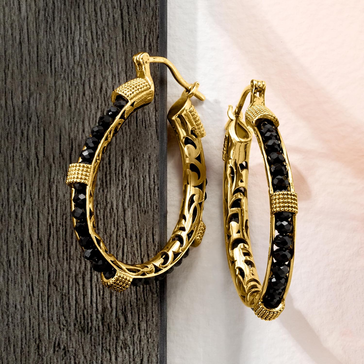 Ross-Simons 15.00 ct. t.w. Black Spinel Bead Hoop Earrings in 18kt Gold Over Sterling