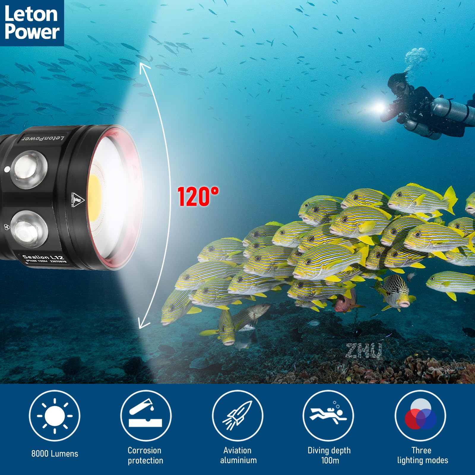 L12 Lampe de Plongée 8000 Lumens - Éclairage pour Photographie et Vidéo sous Marine, 6000K, 90 CRI, Étanche 100m, Recharge USB-C pour Sports Nautiques et Plongée Professionnelle