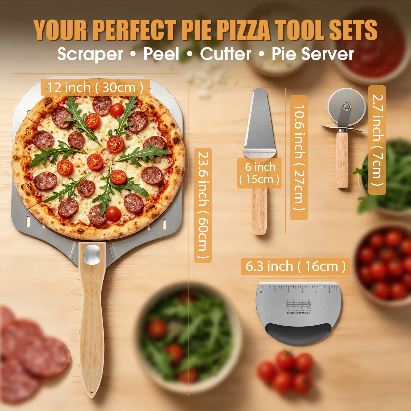 Lot de 4 ustensiles de four à pizza, pelle à pizza de 30,5 cm avec poignée pliable, grattoir à pâte avec échelle de mesure, roue à pizza et pelle à tranche, pour cuire, trancher et servir pour les
