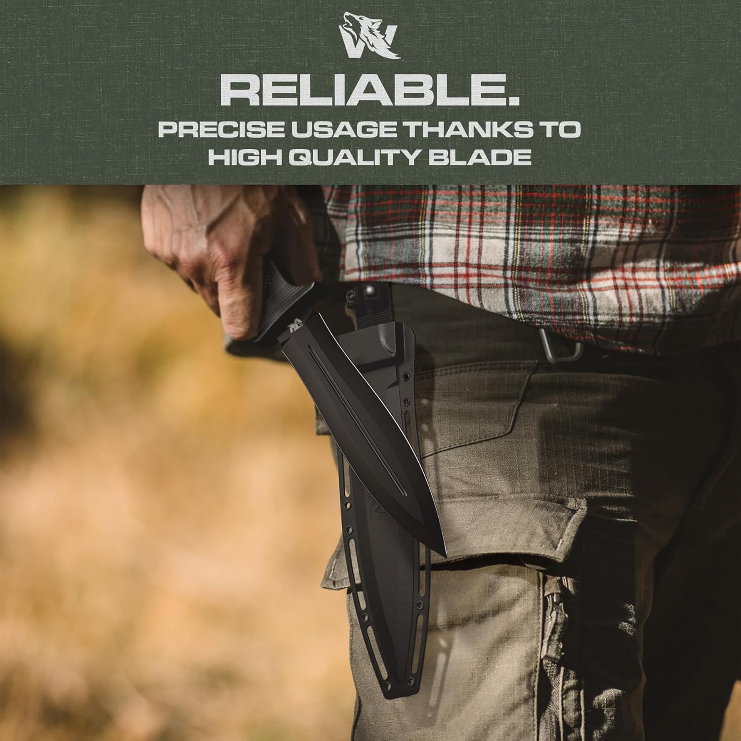 ODENWOLF W-SowCatcher Fixed Blade Knife with Sheath - Large Hunting-Knife made of D2 steel - Big Fixed Blade Double Edge Knives with TPE Handle