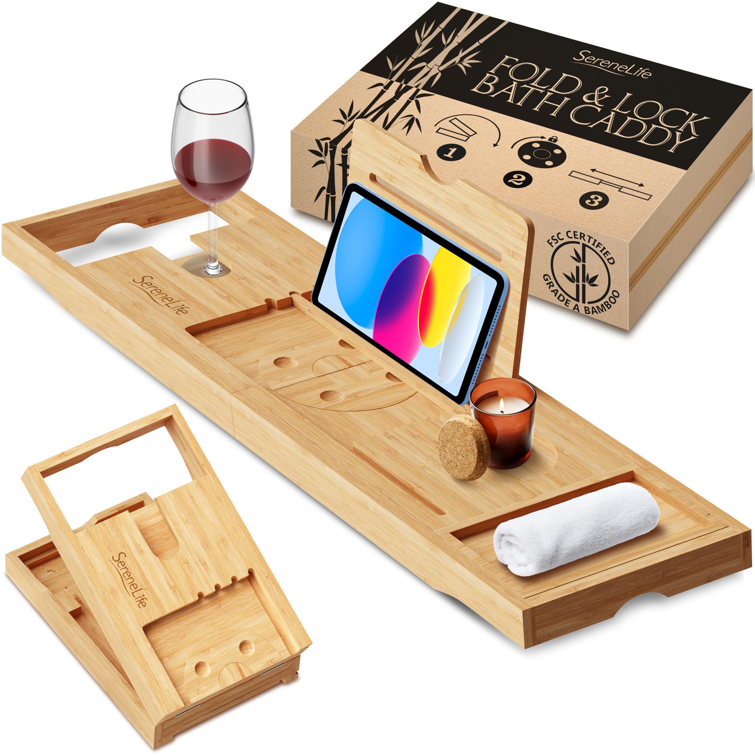 SereneLife Plateau Baignoire - en Bambou avec Design Pliable et Verrouillable-Plateau Salle de Bain Extensible de 76 cm à 109 cm-Charnières Pliantes pour Un Rangement Facile-Planche de Bain