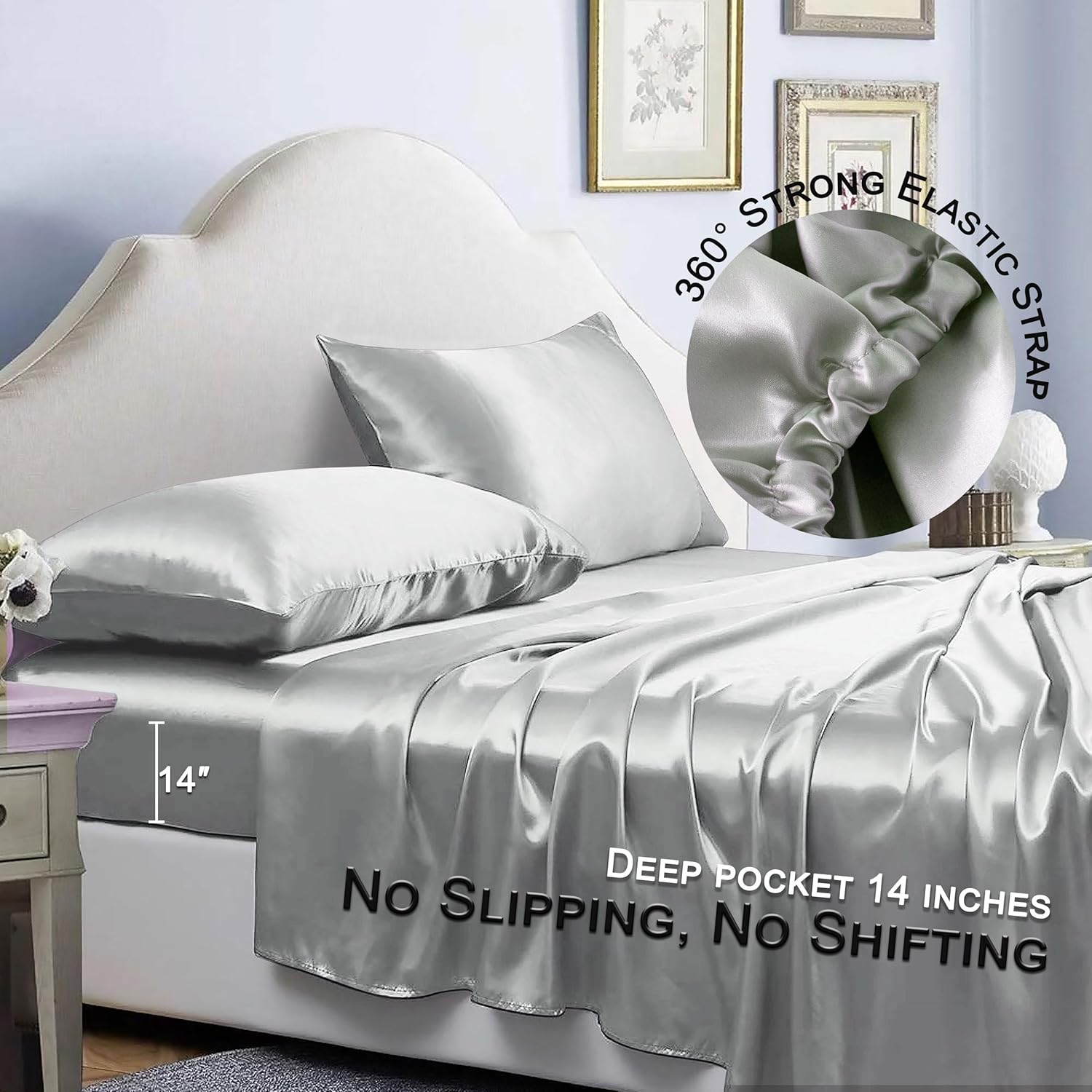 4 Piece Satin Silky Sheet Set Queen Size, Decorative Elegant Breathable Smooth Hair & Skin Friendly Sheets, Silver Gray