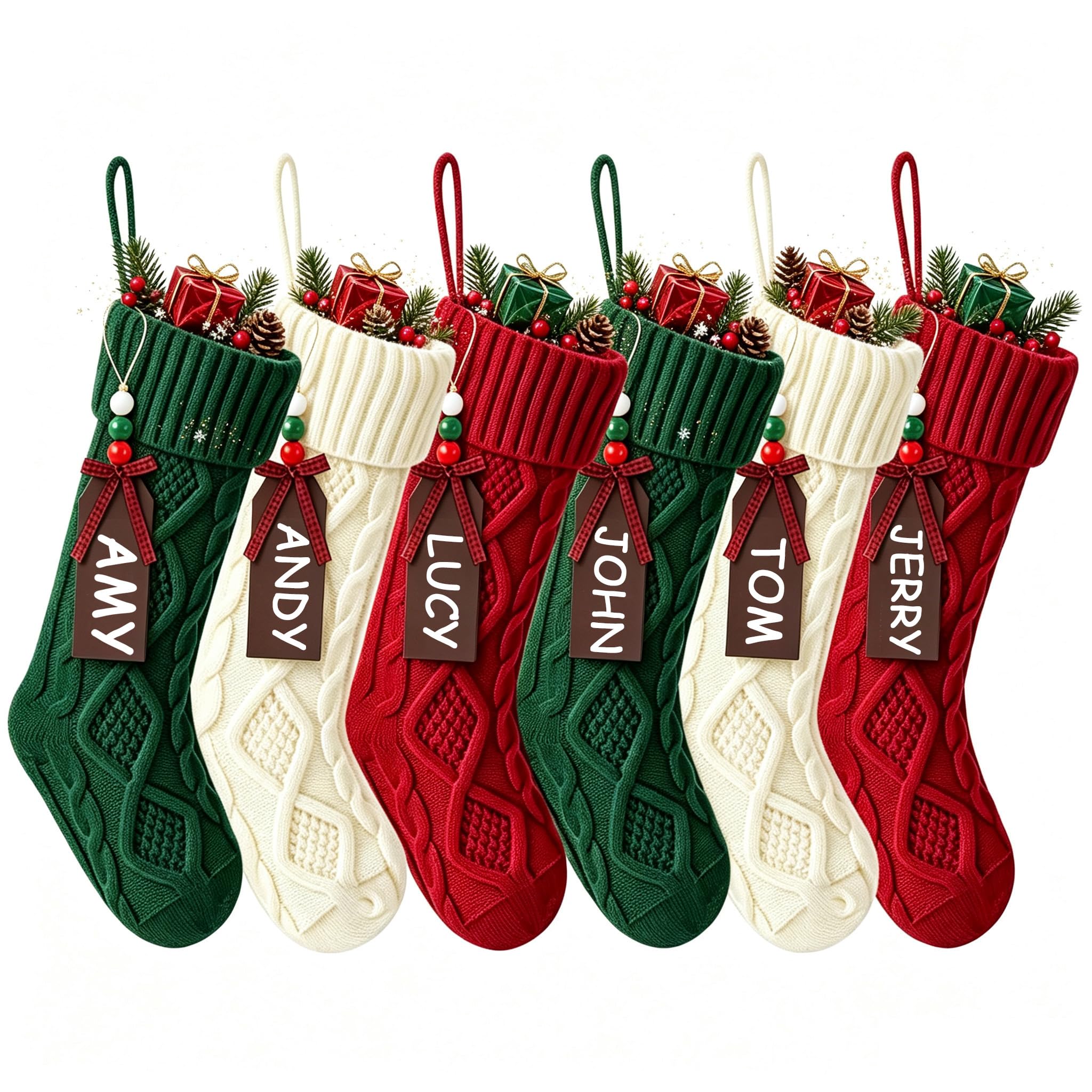 Lot de 6 chaussettes de Noël en tricot torsadé avec étiquettes | Lot de 6 grandes chaussettes de Noël en tricot avec étiquettes en bois personnalisées – Design en tricot torsadé pour