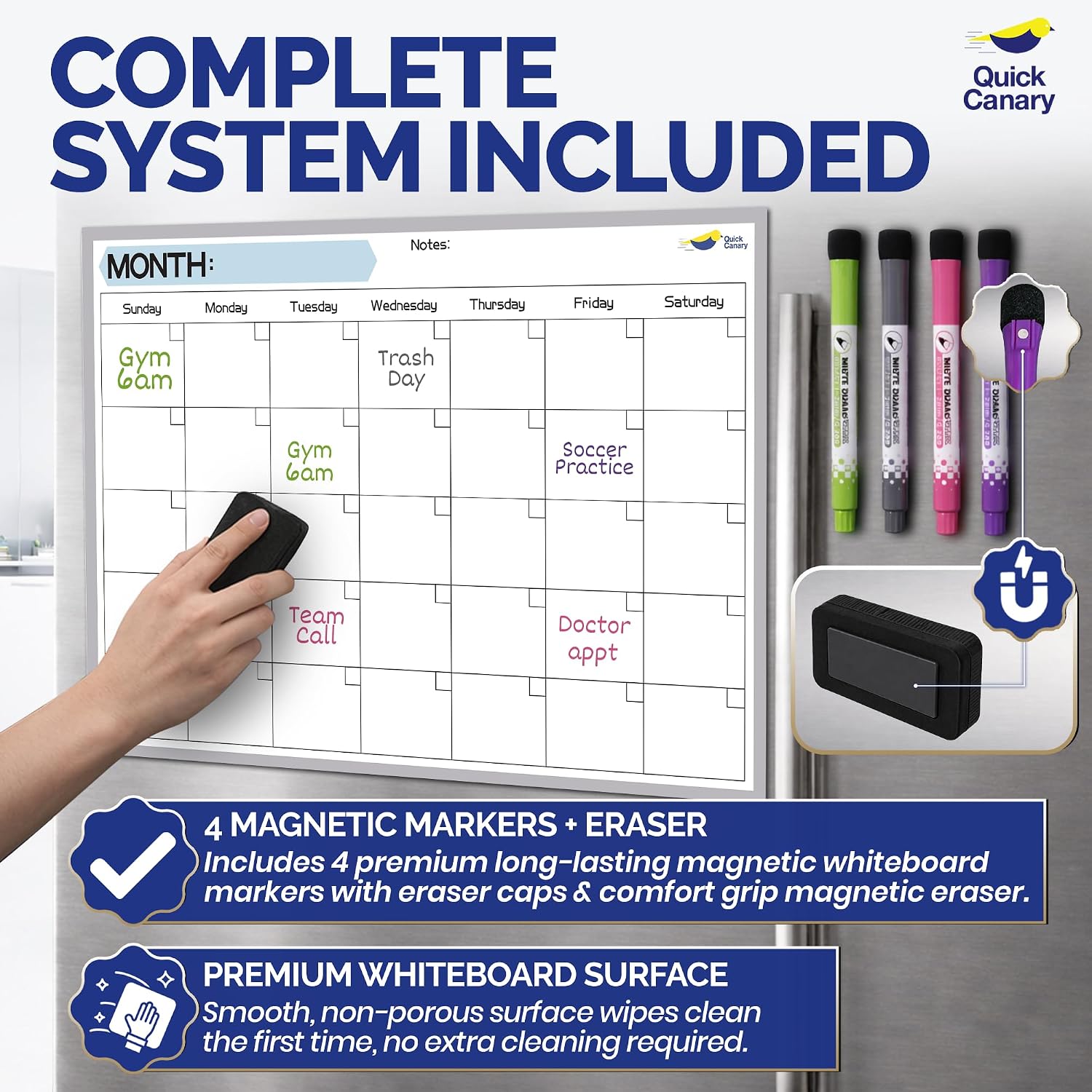Monthly Magnetic Calendar for Refrigerator - 17x12” Stain-Resistant Dry Erase Fridge Calendar Whiteboard with Large Writing Space for Schedules, Chores & Meals - With 4 Markers & Eraser - Sunday Start thumbnail