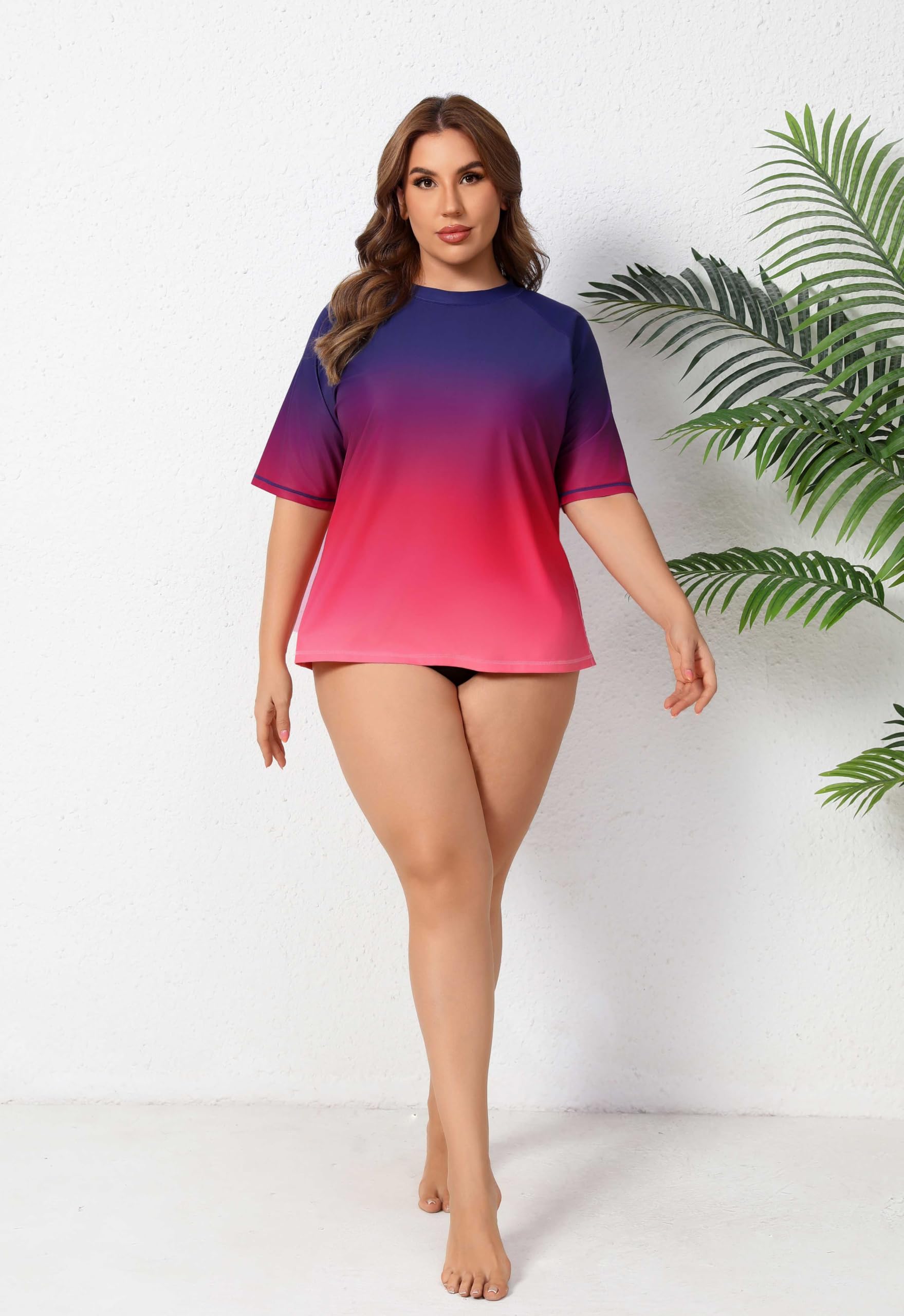 Halcurt Maglietta da nuoto da donna, taglie forti, UPF 50+, protezione solare UV, ad asciugatura rapida, 1X 4X, Ombré viola rosso, 3XL plus