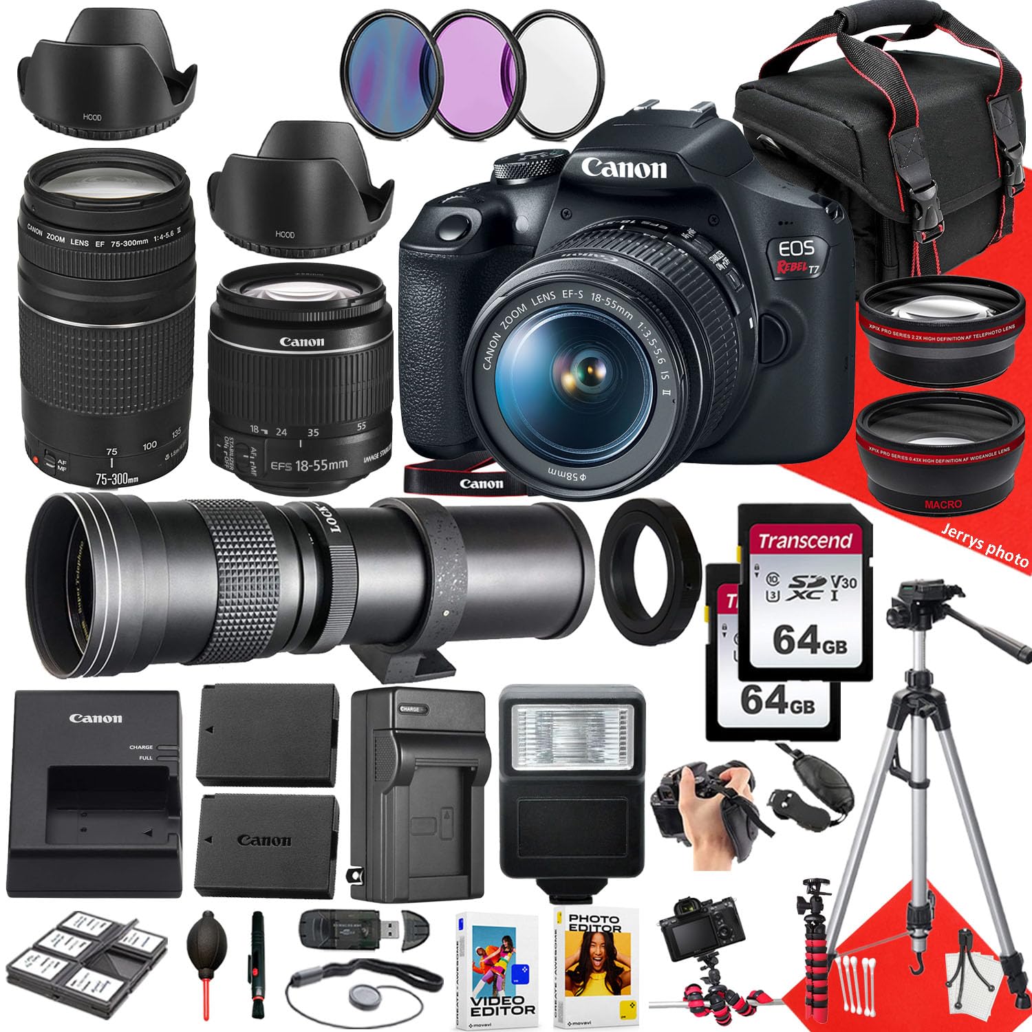 Canon EOS Rebel T7 DSLR Camera with Canon EF-S 18-55mm f/3.5-5.6 is II Lens, EF 75-300mm f/4-5.6 III and 420-800mm f/8.3 HD Lens + 128 GB Memory +