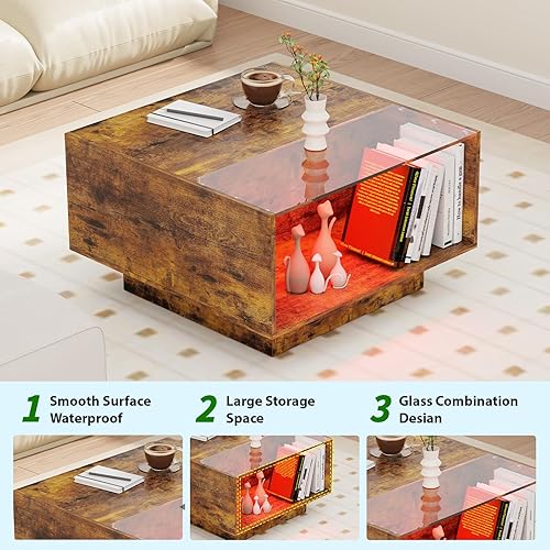 Miniatura 5 de HOME BI Mesa de centro LED con almacenamiento, mesa central de madera con parte superior de cristal, mesa de centro moderna para sala de estar, mesa