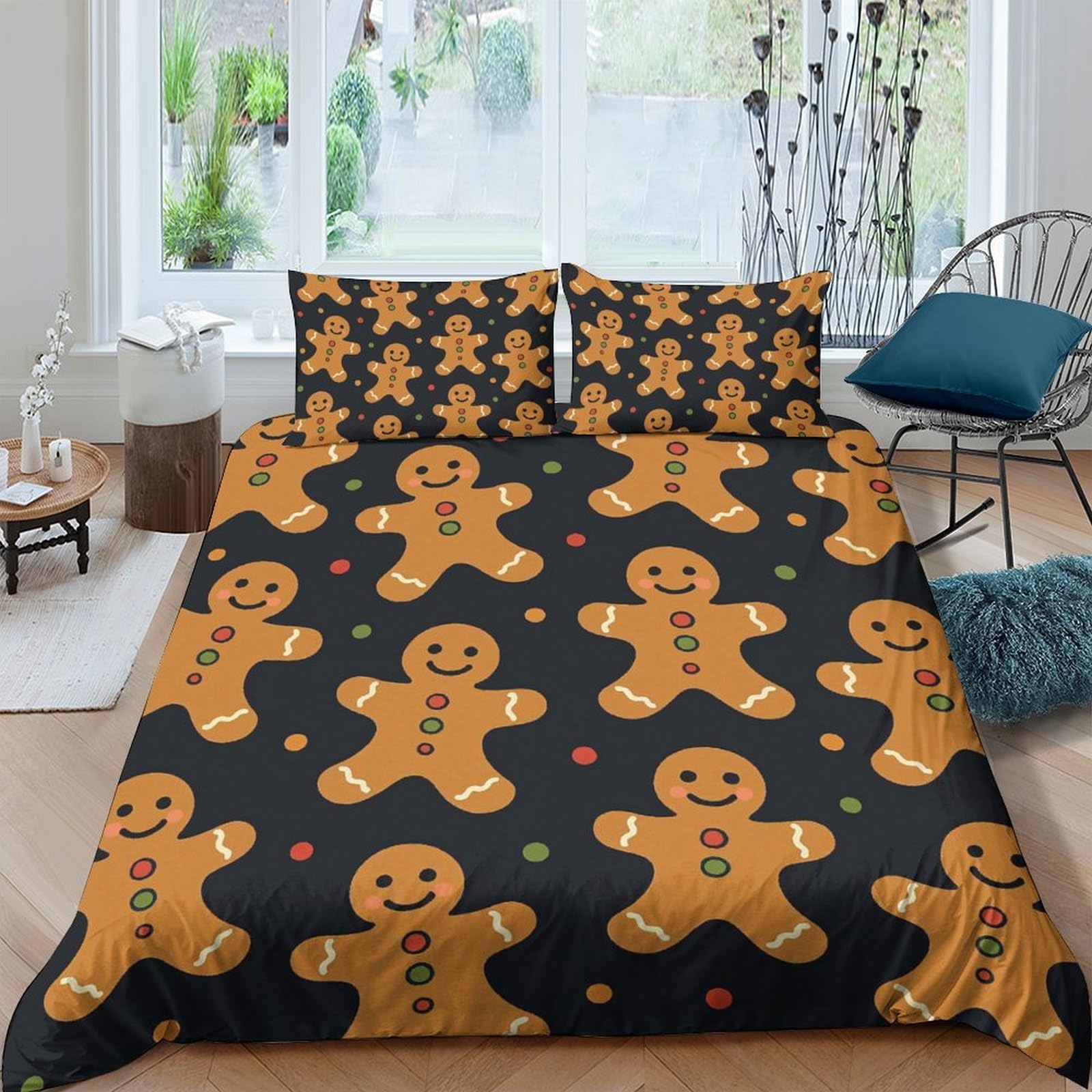 GPLZQXKJNH 3D Printed Gingerbread Cookie Duvet Cover Set Microfiber Soft Christmas Biscuit Quilt Cover with 2 Pillowcases for Bedroom Decor Single（135x200cm）