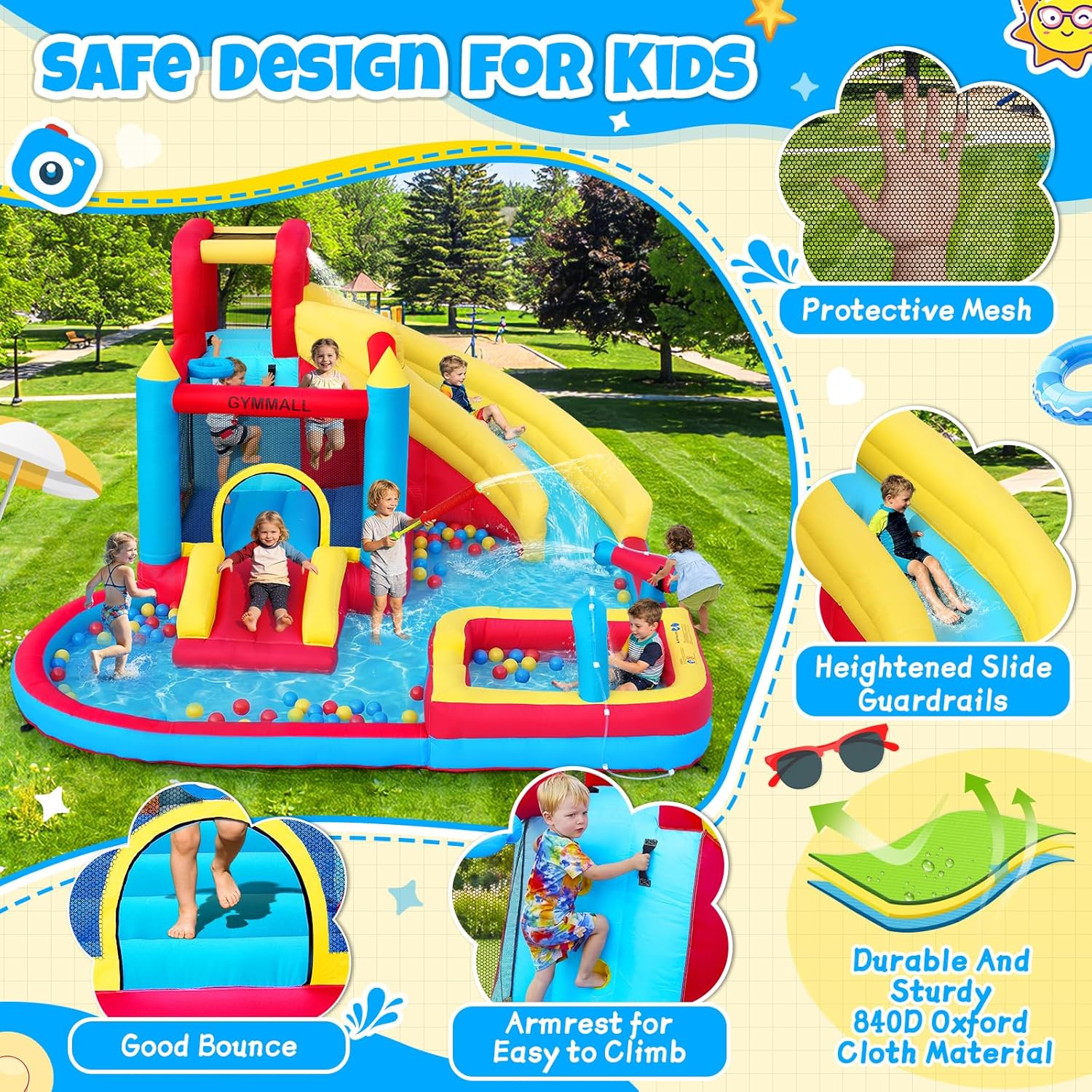 Bounce House with Slide & Blower, Inflatable Water Park Bouncy Castle with Climbing Wall, Ball Pit & Water Cannon for Indoor Outdoor Backyard Play