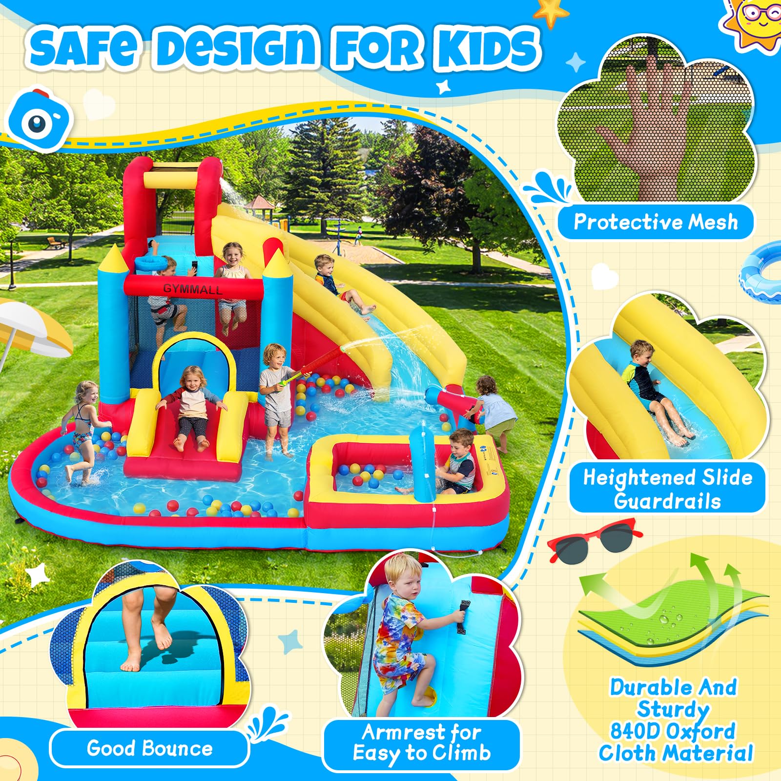 Castillo Hinchable para Niños, 8 en 1 con Soplador 480W, Tobogán Largo, Pared de Escalada, Trampolín y Zona de Chapoteo, Ideal para Uso Interior y Exterior en Vacaciones