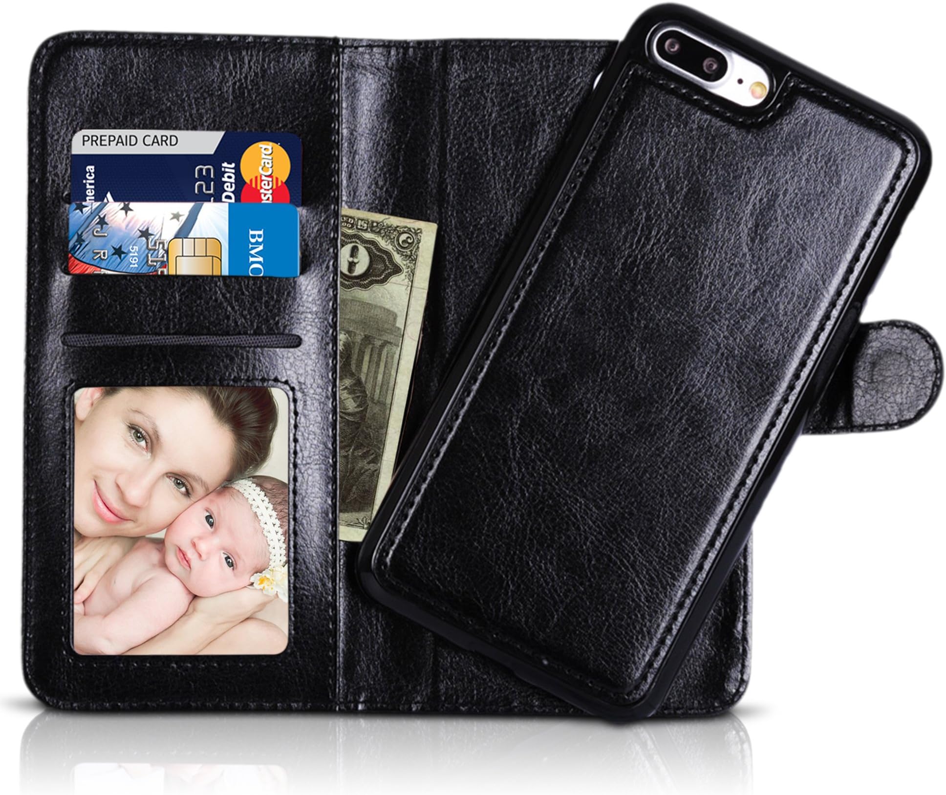 iPhone 7 Plus Wallet Case, iPhone 8 Plus Wallet Case, XERUS [2 in 1] Premium Quality Detachable Removable Wallet Leather Retro Case for iphone 7+ & 8+ (BLACK)