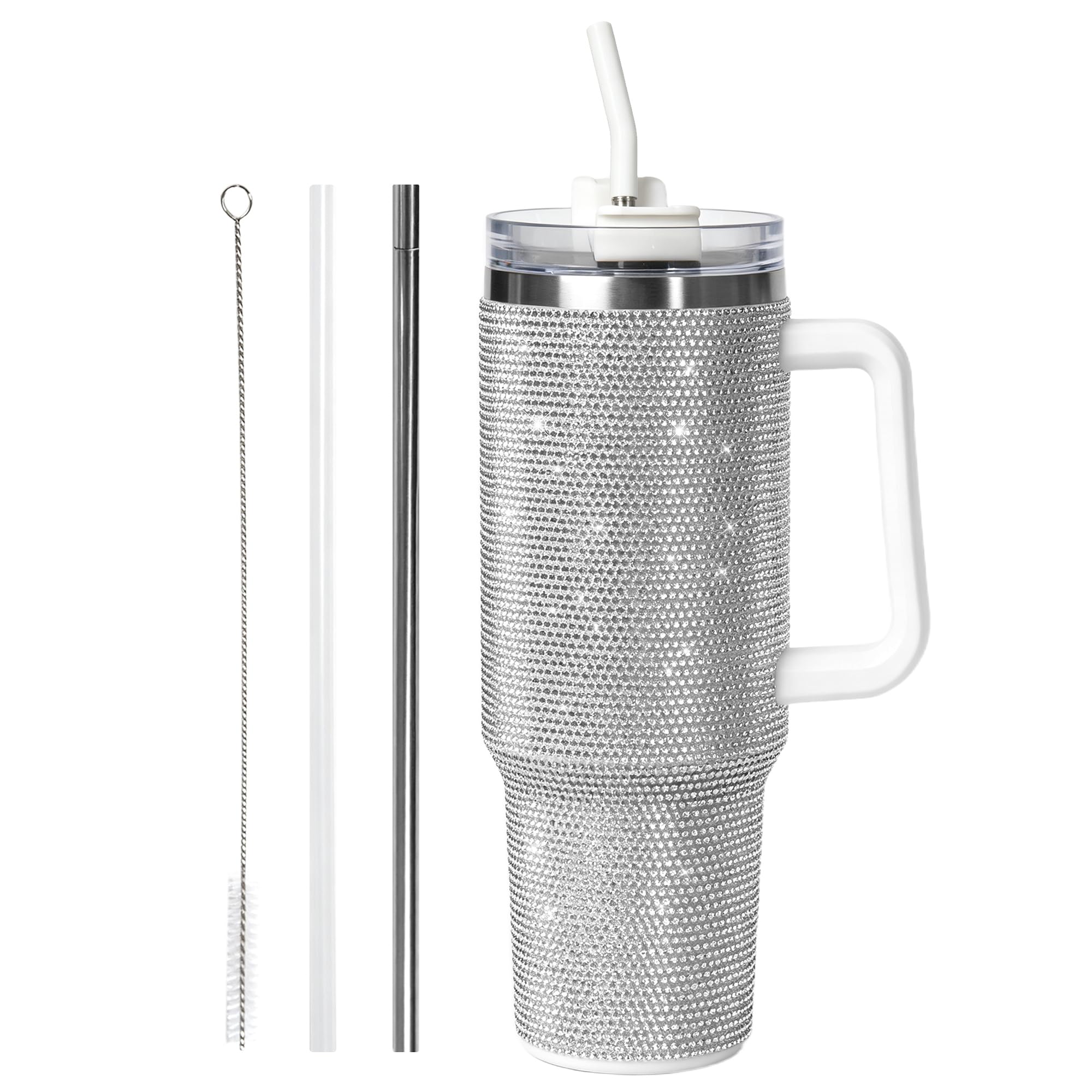 Love-KANKEI 40oz Silver Bling Rhinestone Tumbler with Handle & Straw
