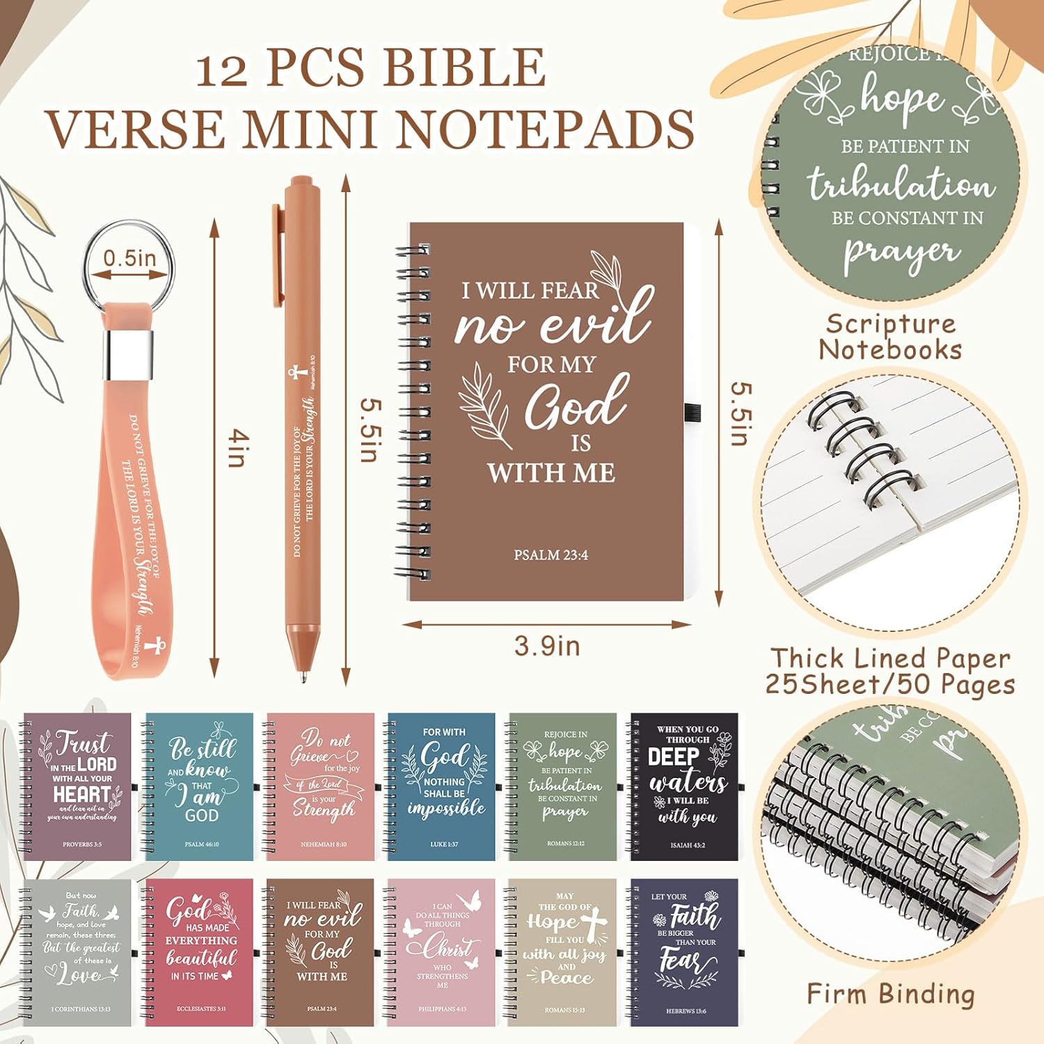 Skylety 12 Set/ 48 Pcs Christian Gifts Bulk Church Christmas Religious Gift Set 16 oz Bible Scripture Cups with Lids Mini Spiral Notebooks Pens Keychains for Women Staff Team Friends (Morandi Color) - Image 3