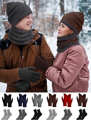 Miniatura 6 de Juego de 96 gorros de invierno a granel, bufanda, guantes y calcetines, gorro de punto con forro polar de invierno, gorro de punto holgado, gorro de